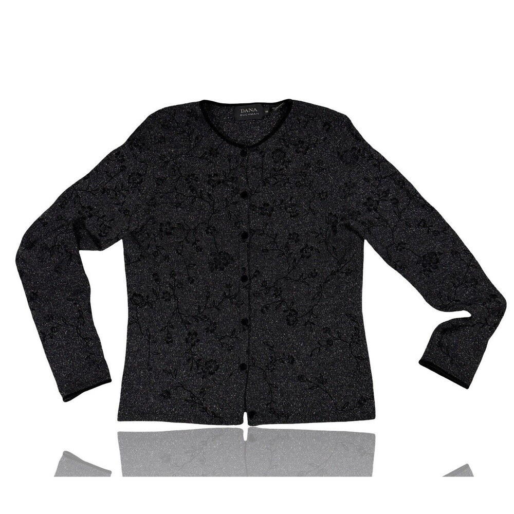 Dana Buchman Cardigan Womens S Black Wool Silk Embroidered Floral Dark Academia